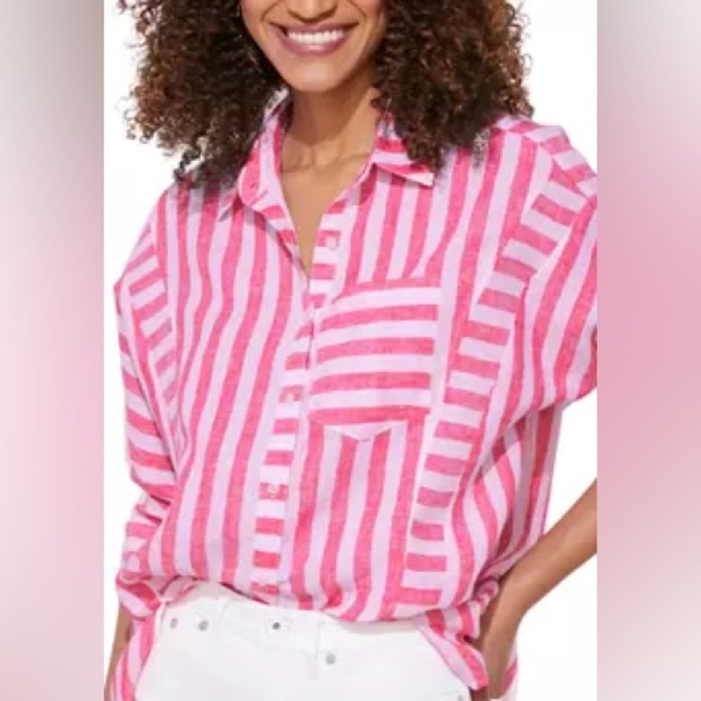 Striped Linen Weekend Button Down Tie Front Shirt